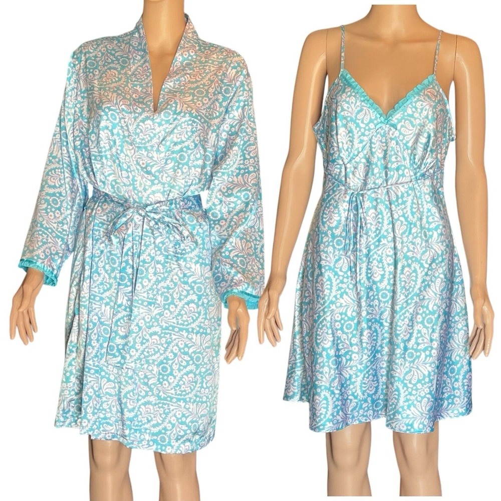 Adonna Matching Robe & Satin Gown Set Size Large‎ Vintage Blue Lavender Damask